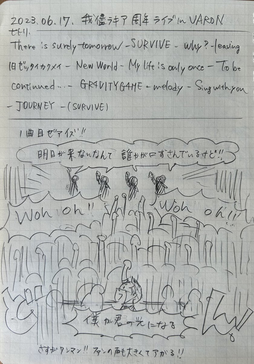 Dai55kun's tweet photo. 6/17 我儘ラキア７周年ワンマン　VARONのイラストレポです。セーフティエリアからの参戦でした。メンバーとファンの熱量すごい！個人的なハイライトは星熊さんと凜さんのハグです（泣） https://t.co/2doJpl4Xs0