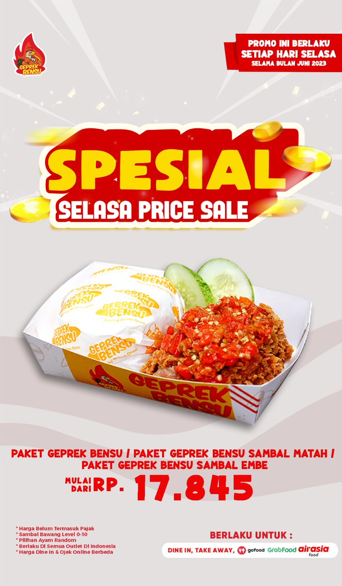 Promo "Selasa Price Sale" SPESIAL untuk makan enak kamu hari ini😍

1 Paket Geprek Bensu (Ori/Matah/Embe) Mulai dari 17,845 🤩🤩

Geprek Bensu emang paling bisa bikin makan enak setiap hari😍😍 <a href="/katalogpromosi/">KATALOGPROMOSI | Info DISKON / PROMO / SALE</a> <a href="/Giladiskon/">Giladiskon Indonesia</a> <a href="/twitNsave/">Promo/Diskon</a> #promo #diskon