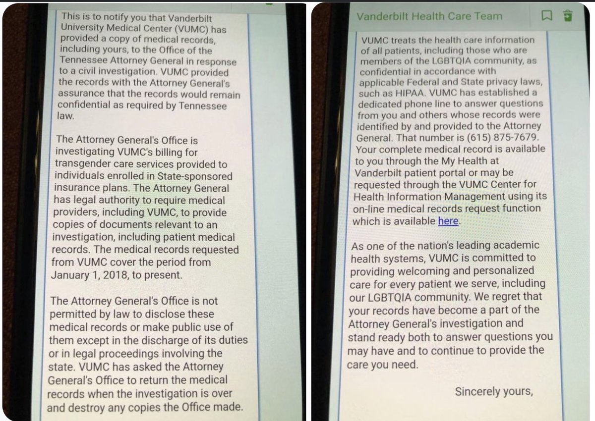 TheTNHoller's tweet image. 🏳️‍⚧️ INBOX: We’re being told Vanderbilt @VUMChealth has sent emails👇🏽that they “regret” to inform people they’re being required to release records of any trans person on a state-sponsored insurance plan to the attorney general @AGTennessee “in response to a civil investigation”