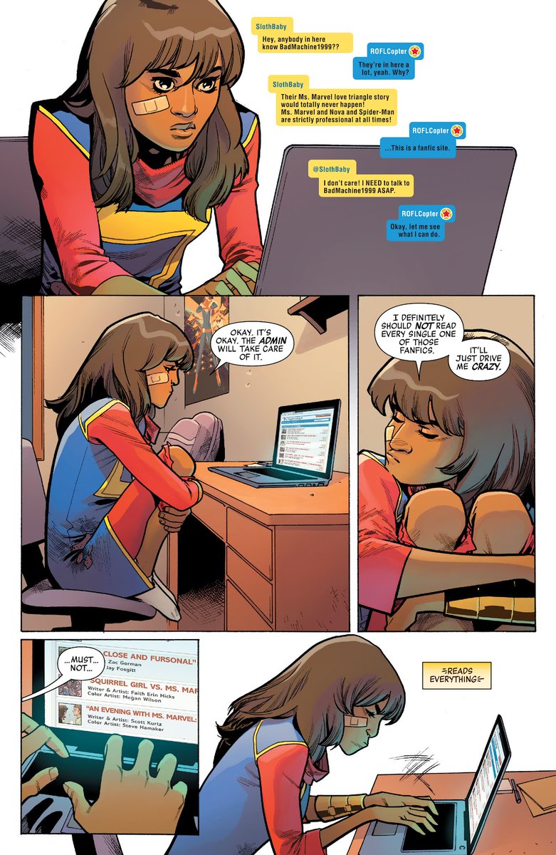 kindlestuck's tweet image. feels like the right time to bring back that canon comic issue where miles morales and kamala khan are both fanfic authors who hate each other's writing and get into online beef about it (and phil coulson is the fanfic site moderator)
