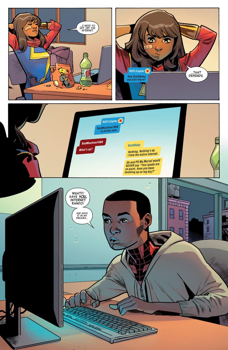 kindlestuck's tweet image. feels like the right time to bring back that canon comic issue where miles morales and kamala khan are both fanfic authors who hate each other's writing and get into online beef about it (and phil coulson is the fanfic site moderator)