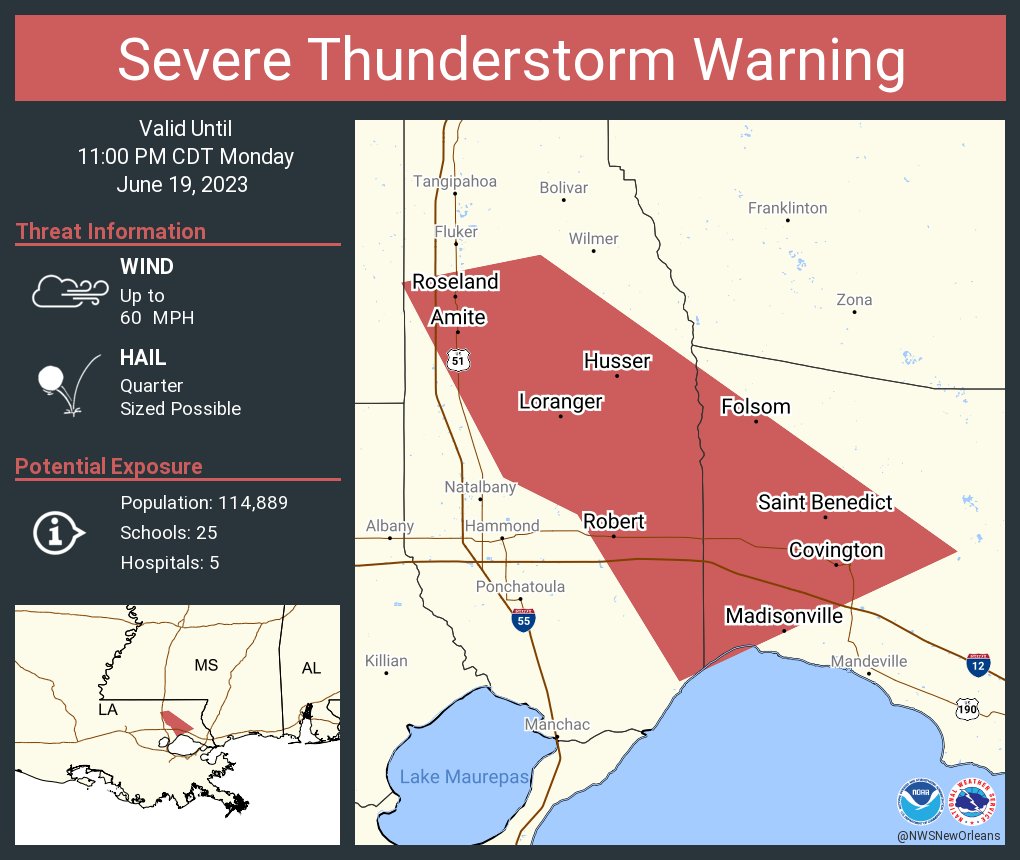 NWSSevereTstorm's tweet photo. Severe Thunderstorm Warning including Covington LA, Amite LA and  Abita Springs LA until 11:00 PM CDT https://t.co/ygZ4XTSZZh
