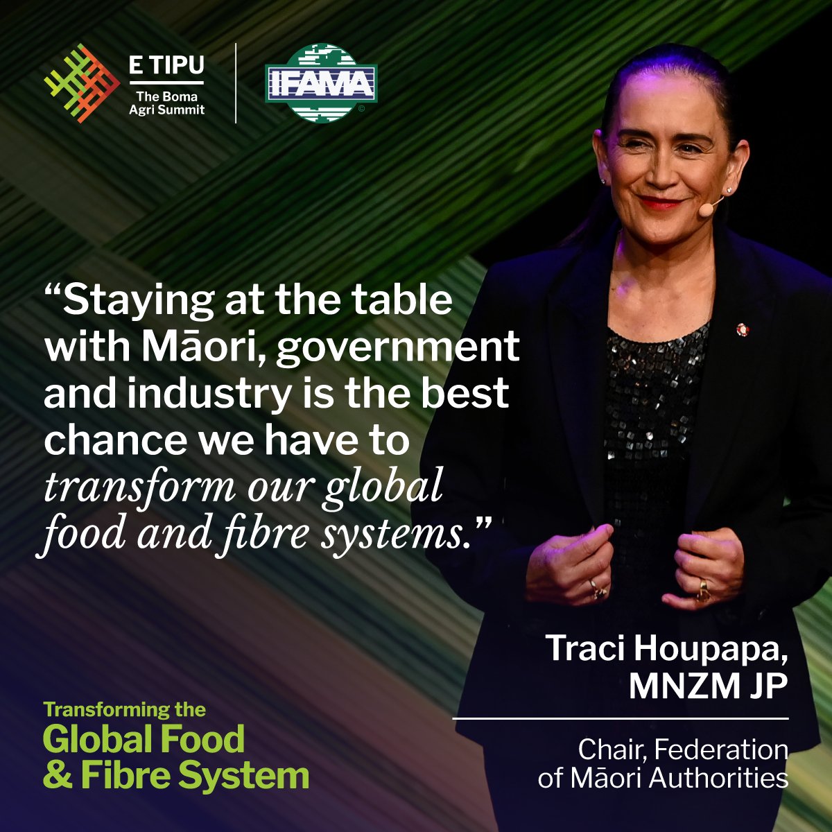 #ETipuIFAMA2023 SPEAKER HIGHLIGHT: @TraciHoupapa, Chair of @FederationMaori on how we can adapt our #leadership and lifestyles to balance economic development with environmental #sustainability. #ETipuIFAMA2023 #BomaNZ #Agribusiness #AgChatNZ @IFAMAIntl #NZAgri