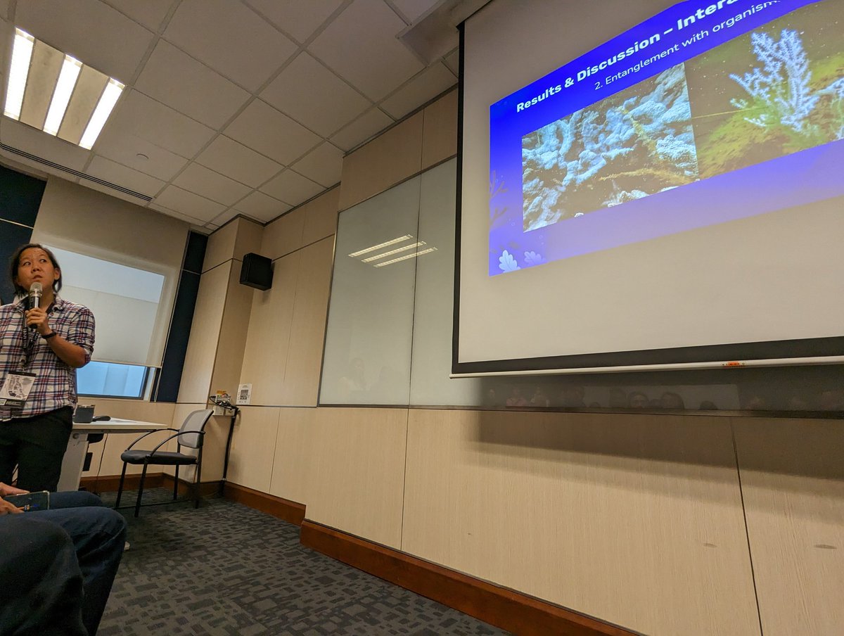 torvaanser's tweet photo. Denise Mcintyre shares about the impact of #fishinglines on #coral #reef animals in Singapore. Reveals the interesting ability of some coral and sponges to grow with or engulf #marinedebris, though long term impact of fitness remains unknown. @apcrs2023 https://t.co/Qosg2yCFeN