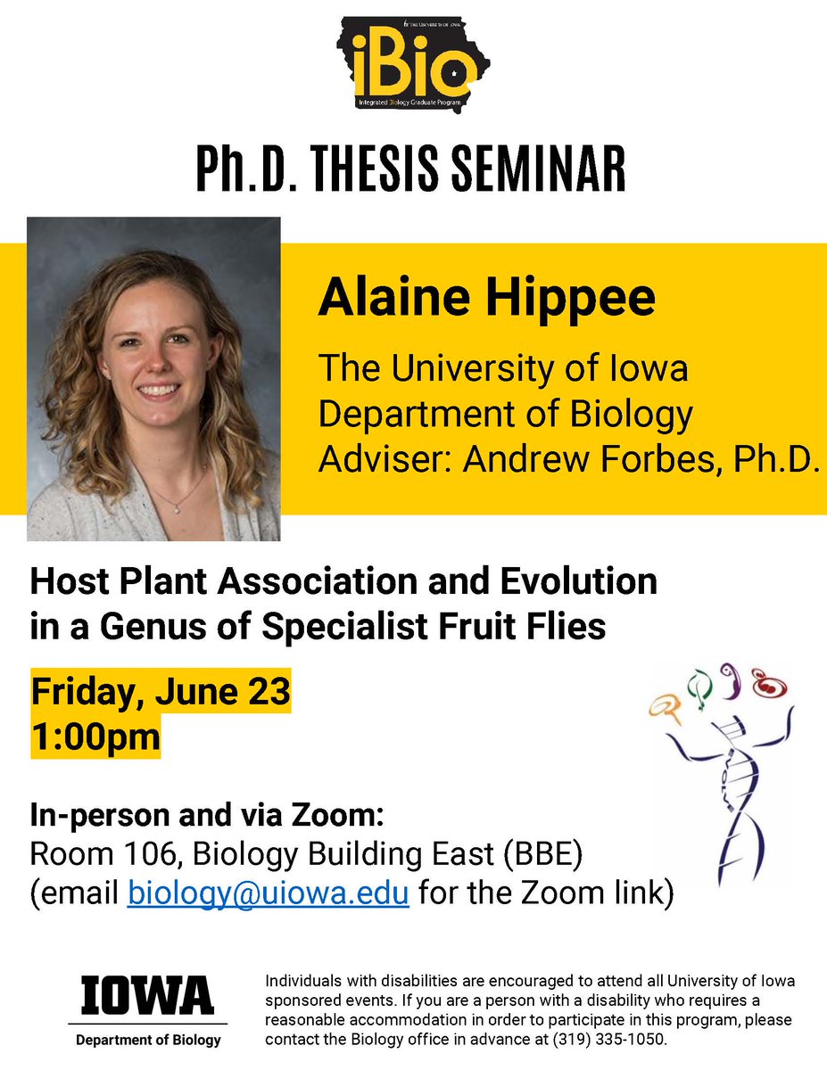 uiowabiology's tweet photo. Alaine Hippee, a PhD candidate in the iBio Graduate Program at @uiowa, will be defending her thesis on Friday, June 23 @ 1pm CDT. Seminar is open to the public. If interested in attending virtually, email biology@uiowa.edu. Alaine's mentor is Dr. Andrew Forbes (@Lord_Forbington). https://t.co/yUOuOtOTAb