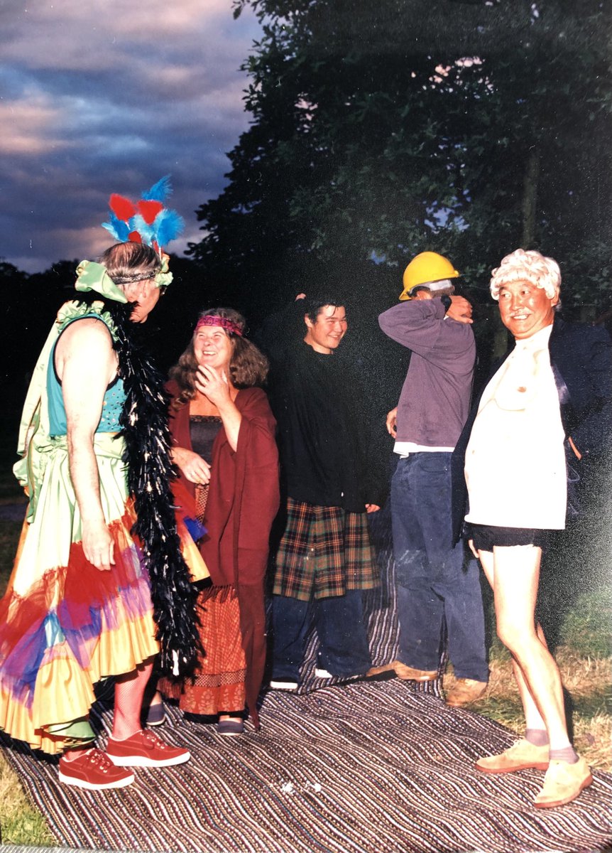 #MakebelieveMonday or if Uprefer #memorylaneMonday fancy dress party ABD on night HRHDiana died -so embedded in memory- host DRP darling man r.i.p.💜🕯️left2rt moi as hippy, son Con kilting it up w his bud Leland construction exec, Con’s pa Keiji showing offhis tits Grandhome 1997