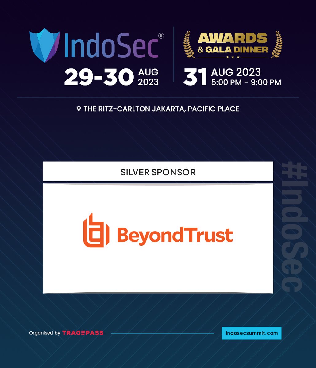 Join us in welcoming BeyondTrust to IndoSec 2023!
Register now to save you slot: hubs.la/Q01V0t7Z0

#IndoSec2023 #cybersecurity #cyberdefense #networksecurity #zerotrustsecurity #cloudsecurity #InformationSecurity #Forensic #digitalforensics #cyberwarfare #AI #ML #tradepass