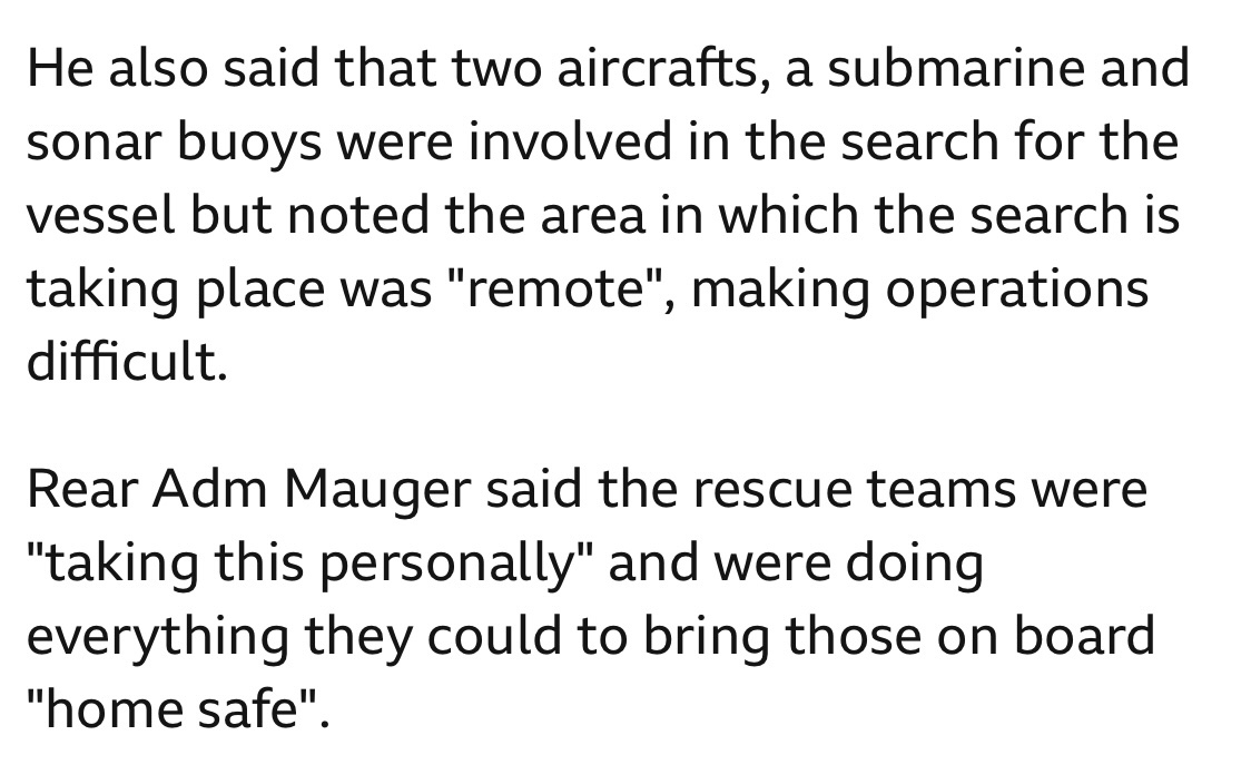 Rescues at sea: A comparison.

First, the reaction to a missing submarine carrying crew+three tourists who paid $250k to visit the wreckage of the Titanic: “taking this personally.”