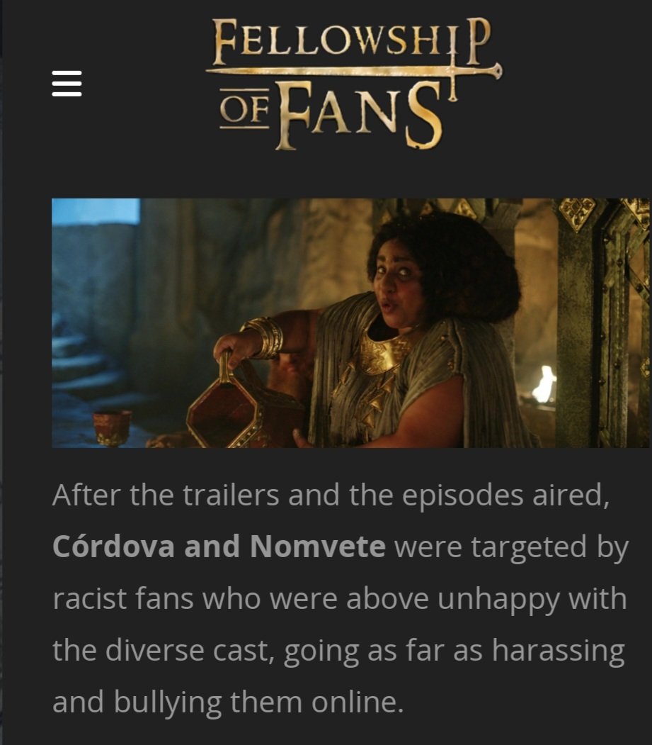 I see FoF is peddling this bullsh*t. The vast majority of people who brought up race were upset because they dislike tokenism, and explained that non white cultures exist in Middle-earth that could be explored. But go off about the show's critics are 'racist'.
#RespectForTolkien