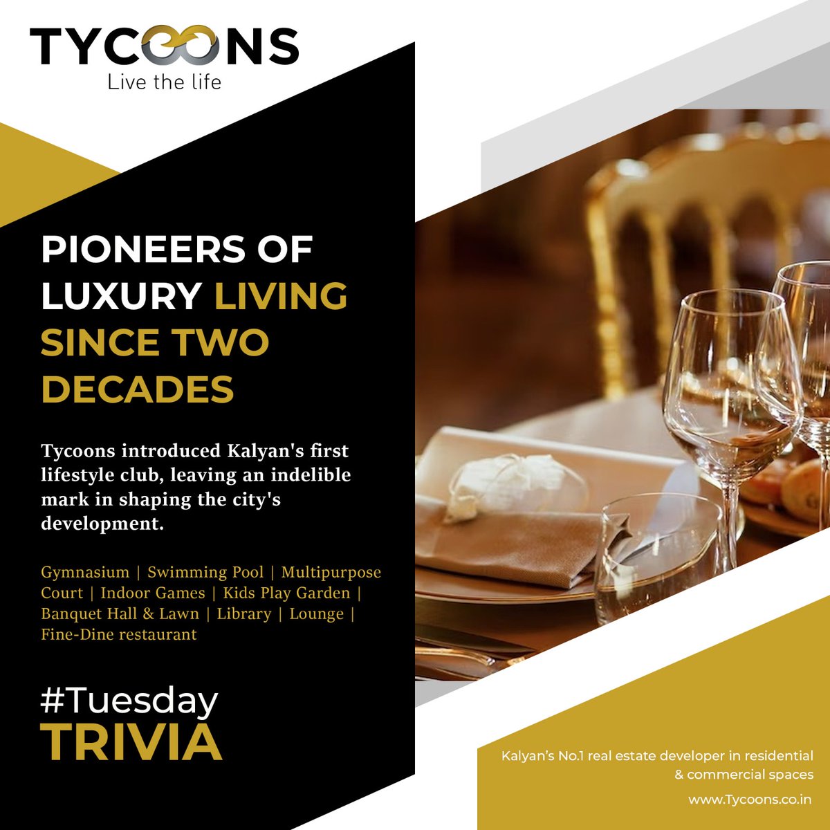 Tycoons_Group's tweet photo. Tycoons, pioneering Luxury Living since two decades in Kalyan!
π°β¨ Building the first lifestyle club and beyond.
To book your dream home, Call - 9619449008
Visit- https://t.co/2e0VPNNDfb
#TuesdayTrivia
#TycoonsDeveloper #LifestyleClub #Tycoons #RealEstate #KalyanDeveloper https://t.co/abEKHYnAnH