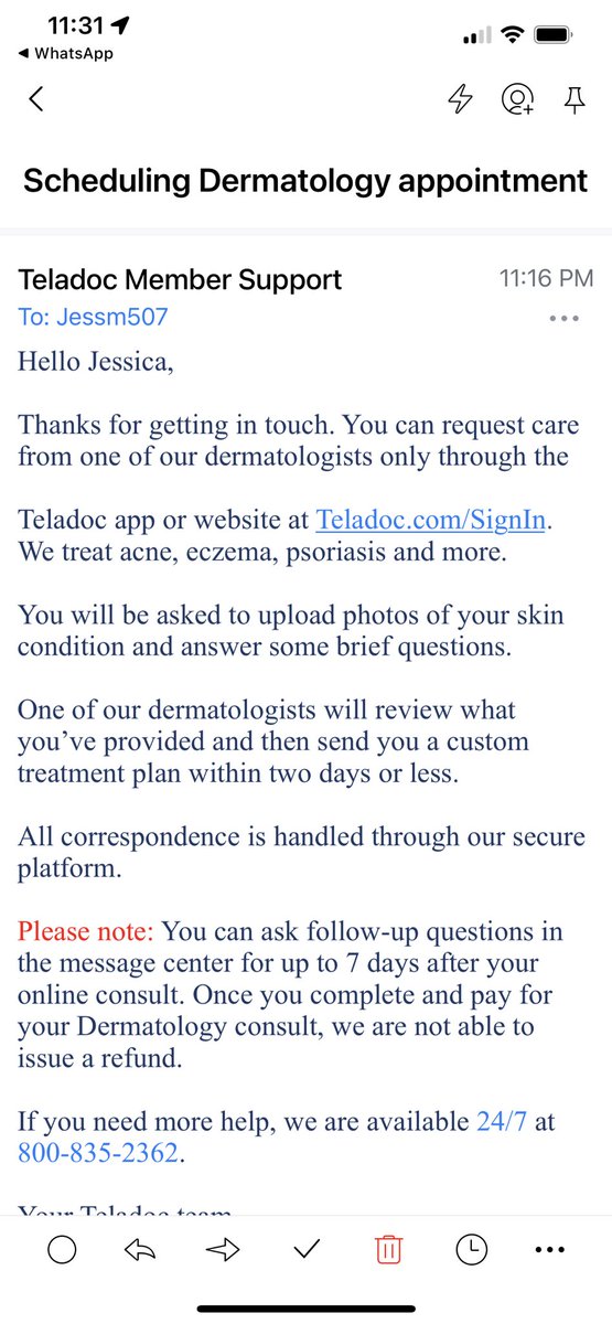 jessalu's tweet photo. Hey @TeladocHealth clearly your support doesn’t _read_ messages sent to them. I sent a message saying I am getting a server error when I try to make a dermatologist consult and this was their reply. Seriously?! I know I CAN however your crap system won’t LET me. https://t.co/JjIjtkTW9F