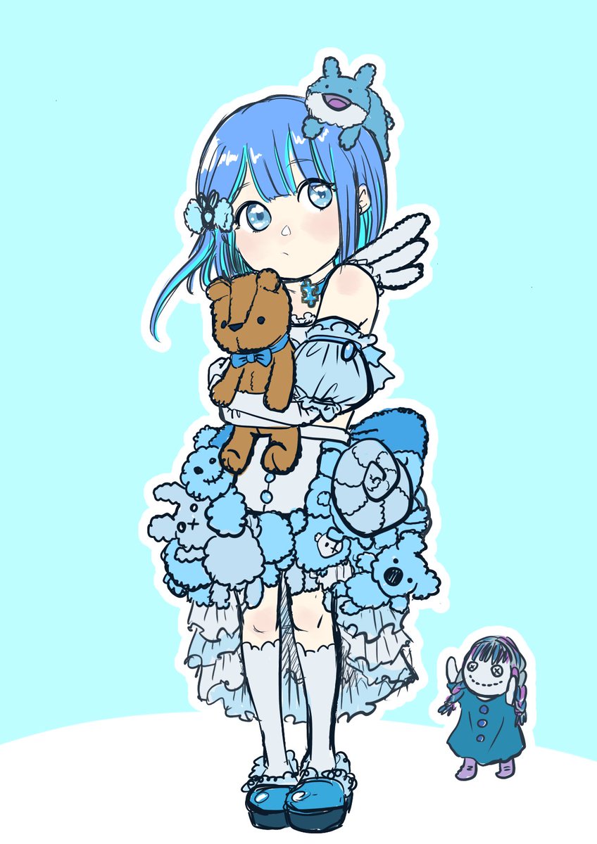 stuffed toy blue hair stuffed animal 1girl blue eyes blue footwear teddy bear  illustration images