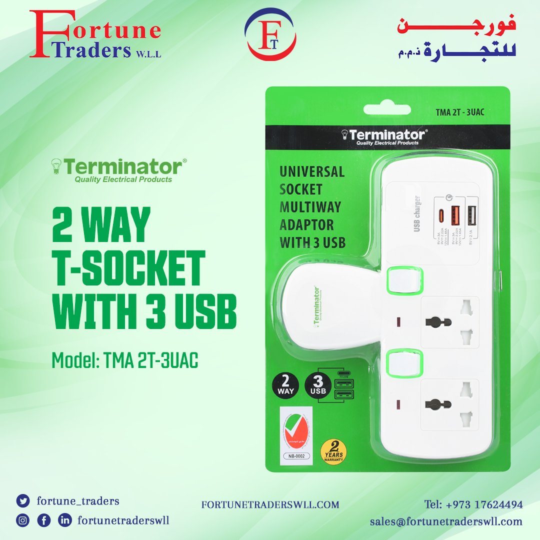 fortune_traders's tweet image. 𝟐 𝐖𝐚𝐲 𝐓-𝐒𝐨𝐜𝐤𝐞𝐭 𝐰𝐢𝐭𝐡 𝟑 𝐔𝐒𝐁• A power extension socket that combines two traditional power outlets with 3 USB ports allows you to simultaneously plug in multiple devices. 𝗖𝗮𝗹𝗹: +973 17624494,16624494 𝗠𝗮𝗶𝗹: Sales@fortunetraderswll.com #tsocket #usbcharger