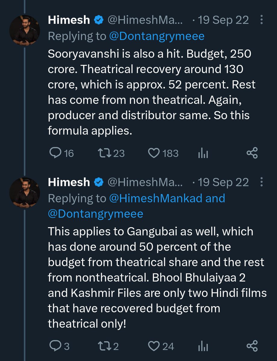 Now Sooryavanshi Bhramastra and Gangubai are hits or flop ?  I mean c'mon man at least have an open mind about this, #Adipurush is pre-pandemic ? Are there no non theatricals for Adipurush ? Are Adipurush producers and distributors not the same ? Trying to be intellectually…