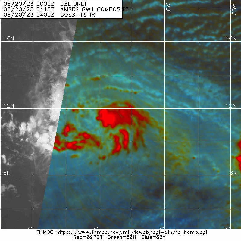 #Bret continues to gradually improve on IR satellite imagery tonight, with more persistent central convection. However, a recent microwave pass suggests that the vortex remains a little offset west of the center of this blob of thunderstorms, and there isn't much sign of a full…