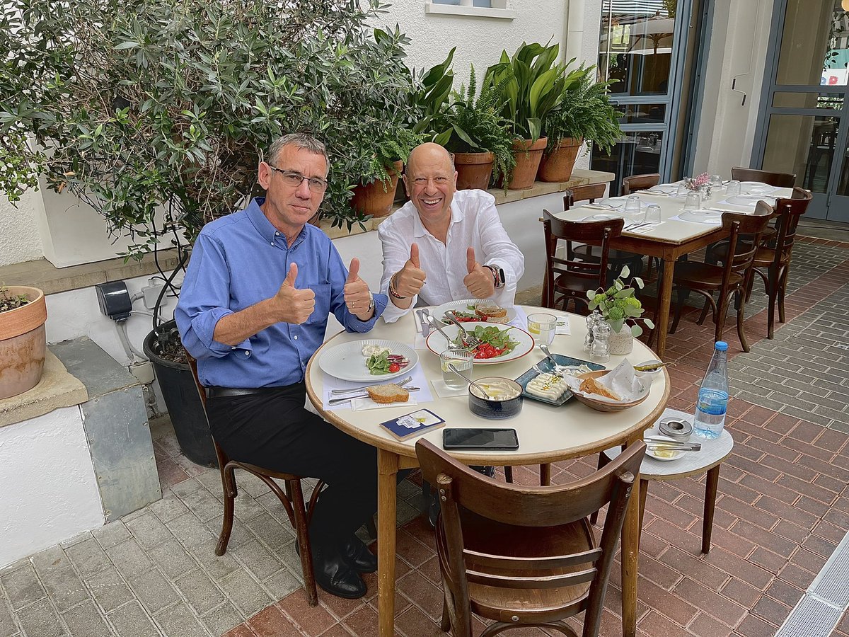 eevriviades's tweet photo. Delighted to reconnect on home turf with @MarkRegev after a looong hiatus. As ever, we had a scintillating discussion on #Cyprus #Israel & our region. We reminisced about colleagues & our vibrant diplomatic life in London. Never a dull moment. And that’s probably a dull way of describing it! 🇨🇾🤝🇮🇱