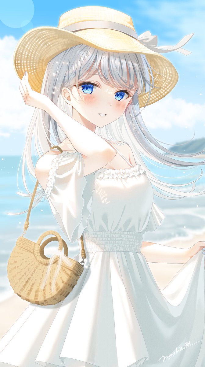 1girl hat dress solo blue eyes white dress outdoors  illustration images