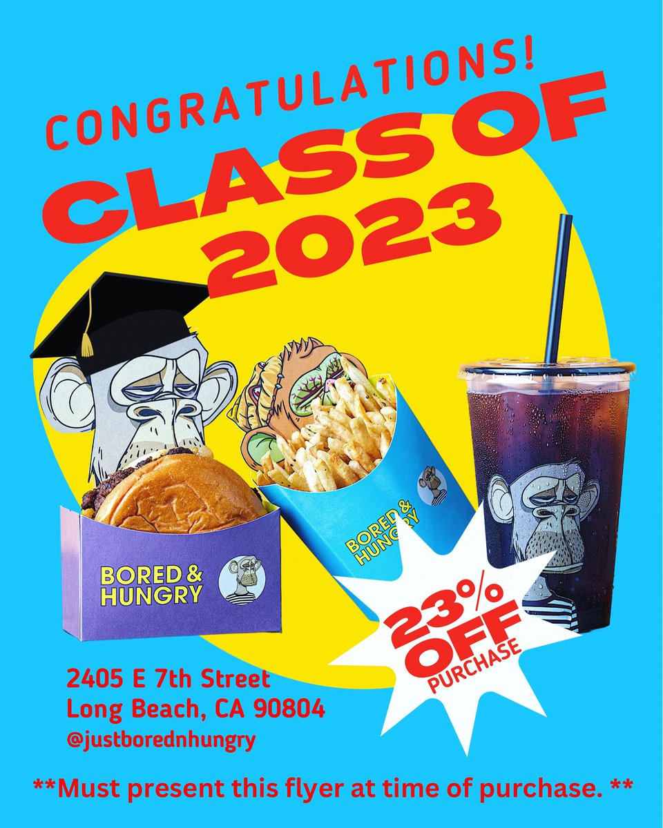 #Congrats class of ‘23! All month long & July we will be taking 23% off your entire meal. Simply show proof of you graduating. Student ID. Graduation program w/your on name it, even a picture of you graduating this year.