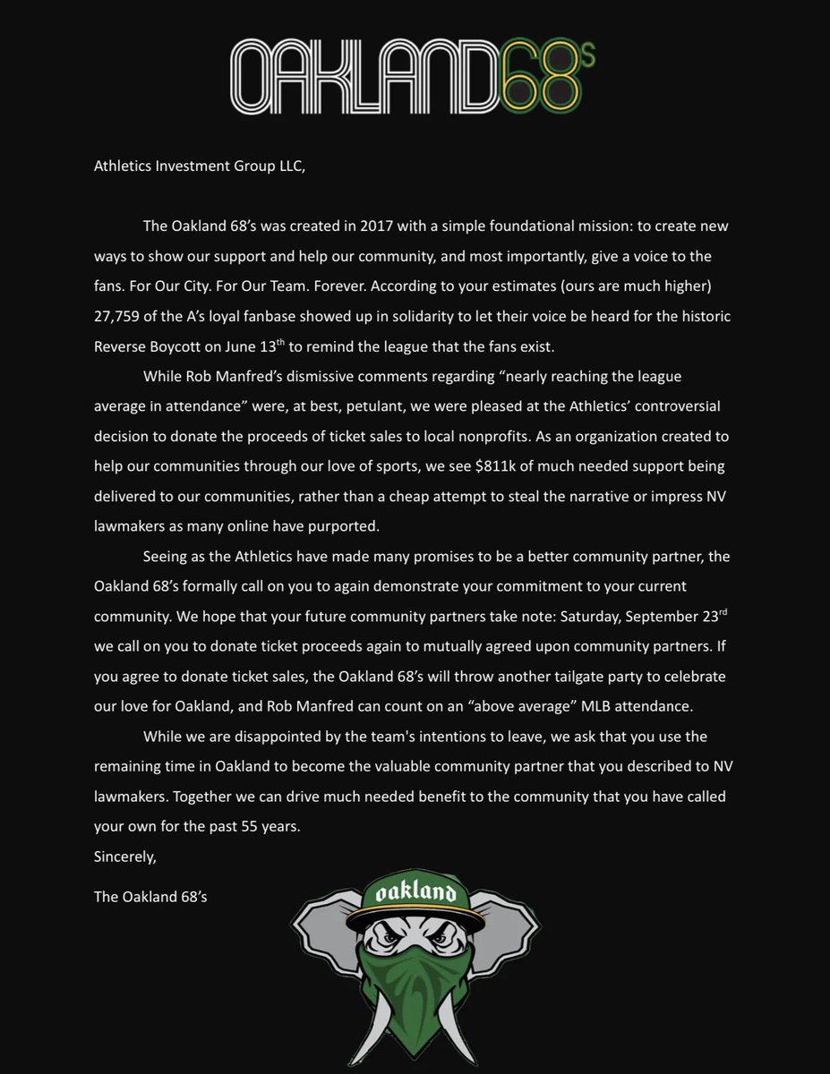 Oakland68s's tweet photo. @CatherineAker @DaveKaval @Athletics @AthleticsPR @MLB time to show whether or not it was all an act. #NVLeg, take note:

Our community request that you donate proceeds of ticket sales on 9/23 to Oakland non profits, so fans can come out again for Oakland! #Oakland4Oakland https://t.co/CWjf2cskL8