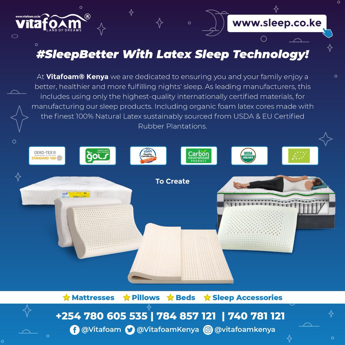 🌟🌿☁️😌🛏️ #SleepBetter with 100% Natural Organic Latex Mattresses, Pillows, Toppers and More… only at #VitaFoamKenya®! 🛏️😌☁️🌿🌟

☎ *Mattress, *Pillow, *Bed & *Sleep Accessory Enquiries, Orders & Deliveries: 0784 857 121 | 740 781 121

📍 Our Locations>bit.ly/30VqOrf