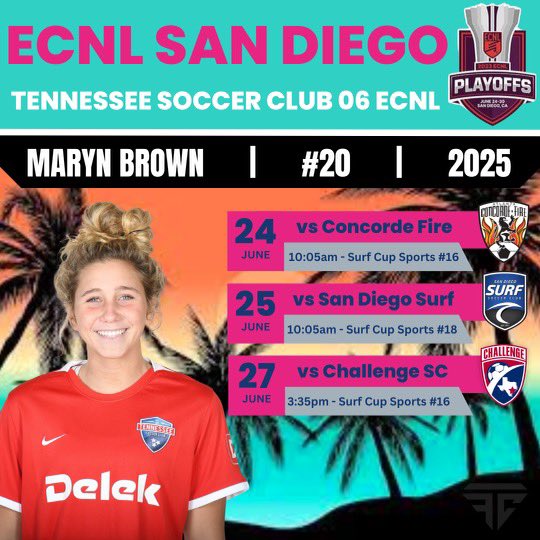 Maryn Brown (@marynbrown17) on Twitter photo I can't wait to be in San Diego to compete in the Champions League ECNL National Playoffs. SO EXCITED!! <a href="/TSC06GirlsECNL/">Tennessee SC 06 Girls ECNL (no longer active)</a> <a href="/ECNLgirls/">ECNL Girls</a> I can't wait to be in San Diego to compete in the Champions League ECNL National Playoffs. SO EXCITED!! <a href="/TSC06GirlsECNL/">Tennessee SC 06 Girls ECNL (no longer active)</a> <a href="/ECNLgirls/">ECNL Girls</a>