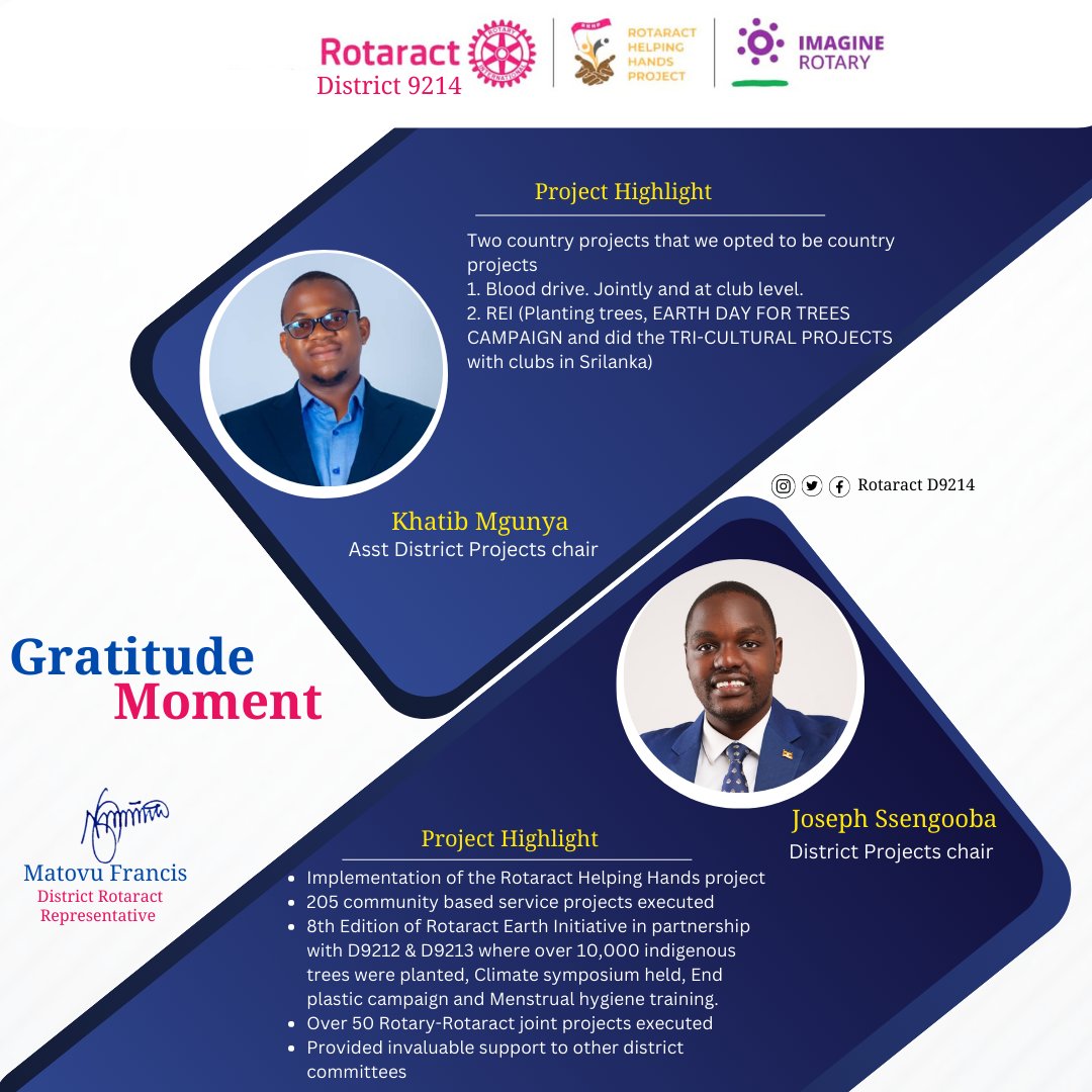 Gratitude moment 12
<a href="/RotaractD9214/">Rotaract District 9214</a>
<a href="/JB_Ssengooba/">JB Ssengooba</a> &amp; team.
Today, i express my gratitude, please know that your efforts have not gone unnoticed. 

Your remarkable performance has not only made a lasting impact on our district but has also inspired others to strive for greatness.