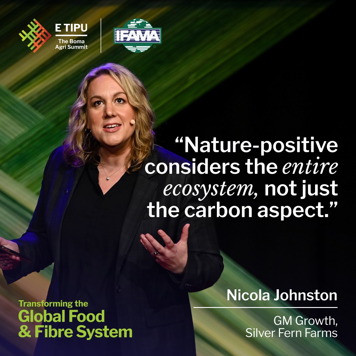 #ETipuIFAMA2023 SPEAKER HIGHLIGHT: Nicola Johnston of @silverfernfarms believes NZ has a once in a generation opportunity to position itself as the world’s leading nature-positive food producer. #BomaNZ #NZBusiness #NZAgri @IFAMAIntl #NZAgri #NaturePositive #RegenerativeAg