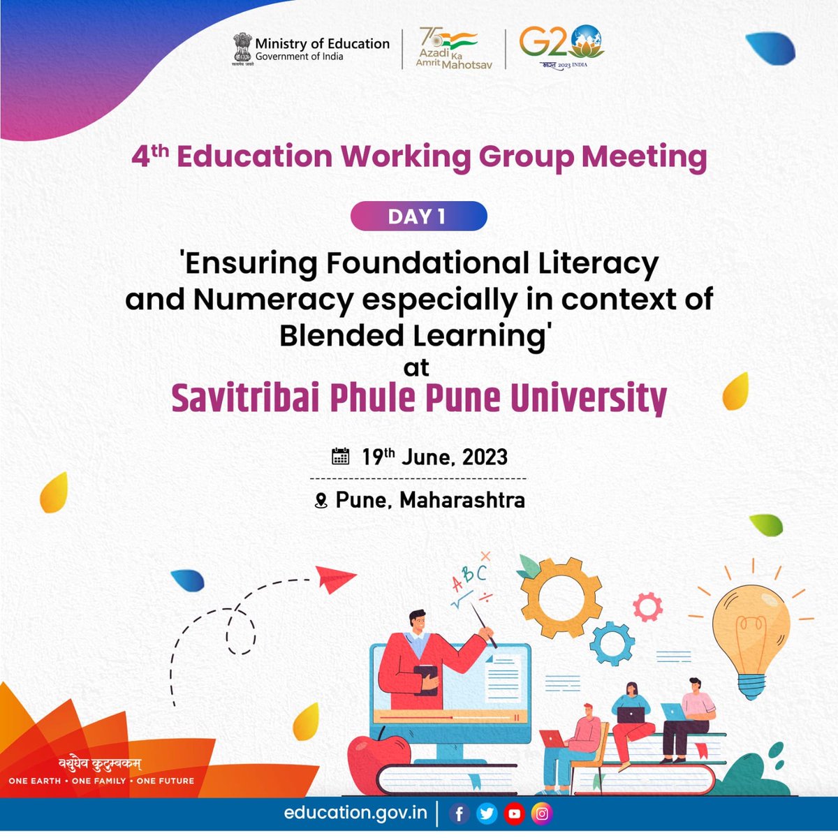 BeraPr's tweet photo. #G20India: Mark your calendars for an unforgettable gathering as we proudly host the #4thEdWG meeting and the remarkable Education Ministers Meeting from 19th to 22nd June. 📚🌐

#G20Edu4all #G20Pune #G20janbhagidari @g20org https://t.co/Ewvu3ETEd2