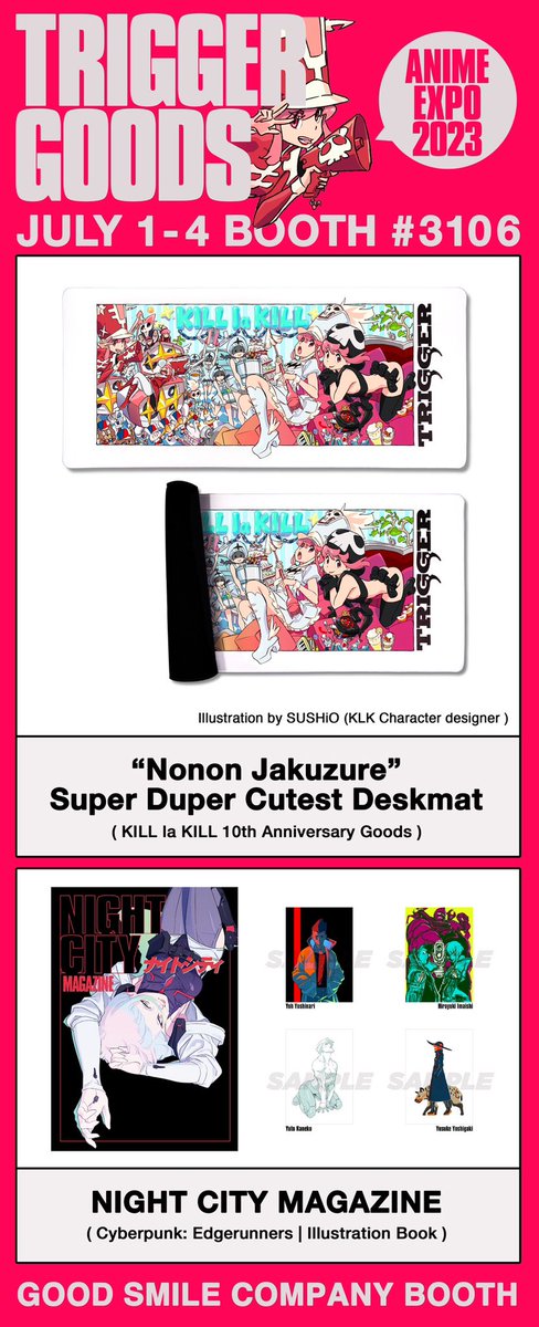 trigger_inc's tweet photo. #AX2023
We are releasing our first deskmat, the Super Duper Cutest Nonon Jakuzure Deskmat to comemorate KILL la KILL's 10 year anniversary at #AnimeExpo2023 !
The illustration is done by character designer SUSHiO himself and will be available at #3106 at the GSC booth! 🔥 https://t.co/I6DBGedvCZ