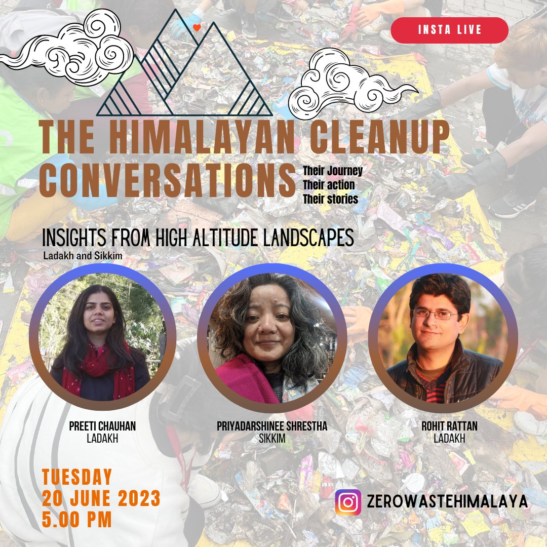 Zero Waste Himalaya (@zwh_himalaya) on Twitter photo Today we discuss our most fragile ecosystems of the high Himalaya. Hear stories of cleaning up these high mountains, and the challenges thereof from partners in #Ladakh & #Sikkim
<a href="/IMI_Info/">Integrated Mountain Initiative</a> <a href="/PremDasRai/">PD Rai</a> <a href="/RigzinSpalbar/">Rigzin Spalbar</a> <a href="/tashi_gyalson/">Tashi Gyalson</a> <a href="/LAHDC_LEH/">LAHDC LEH</a> <a href="/ambajamir/">Amba Jamir</a> <a href="/WWFINDIA/">WWF-India</a> <a href="/dipankarghose/">Dipankar Ghose</a> Today we discuss our most fragile ecosystems of the high Himalaya. Hear stories of cleaning up these high mountains, and the challenges thereof from partners in #Ladakh & #Sikkim
<a href="/IMI_Info/">Integrated Mountain Initiative</a> <a href="/PremDasRai/">PD Rai</a> <a href="/RigzinSpalbar/">Rigzin Spalbar</a> <a href="/tashi_gyalson/">Tashi Gyalson</a> <a href="/LAHDC_LEH/">LAHDC LEH</a> <a href="/ambajamir/">Amba Jamir</a> <a href="/WWFINDIA/">WWF-India</a> <a href="/dipankarghose/">Dipankar Ghose</a>