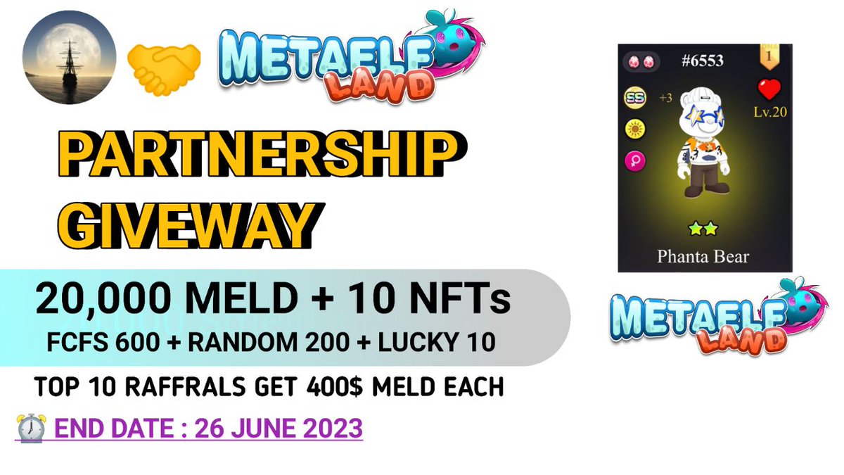 Strom_Moon's tweet photo. 🎉 Moonstrom Dao X Meta Elf Land #FCFS  #Airdrop

🤑 Reward: 20,000 $MELD &amp; 10 NFT

➡️Follow
@Alpha_market0 &amp; @metaelfland
➡️Like, RT &amp; Tag 3 Friend
➡️Finish Task: https://t.co/21TIYWB9Ml

⏱End Date: 26th June

#Giveaways #Airdrops 
 #Giveaway #CryptoNews  #MetaelFland #Airdrop https://t.co/Ec7XjUPTOd