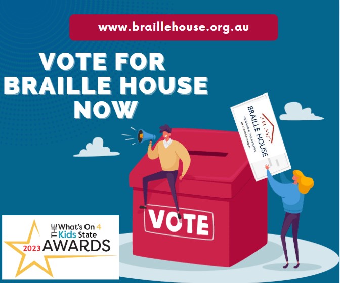 IT'S TIME TO VOTE!
 
Braille House needs your vote in the What's On 4 Kids Awards. 
Category - State's Best Volunteer Led Activity/Class for Kids.
 
Please click on the link below and vote today.  

 zealous.co/whatson4kids/o…
 
#Vote #Thanks #WeWantToWin #MoreVotesPlease #Braille