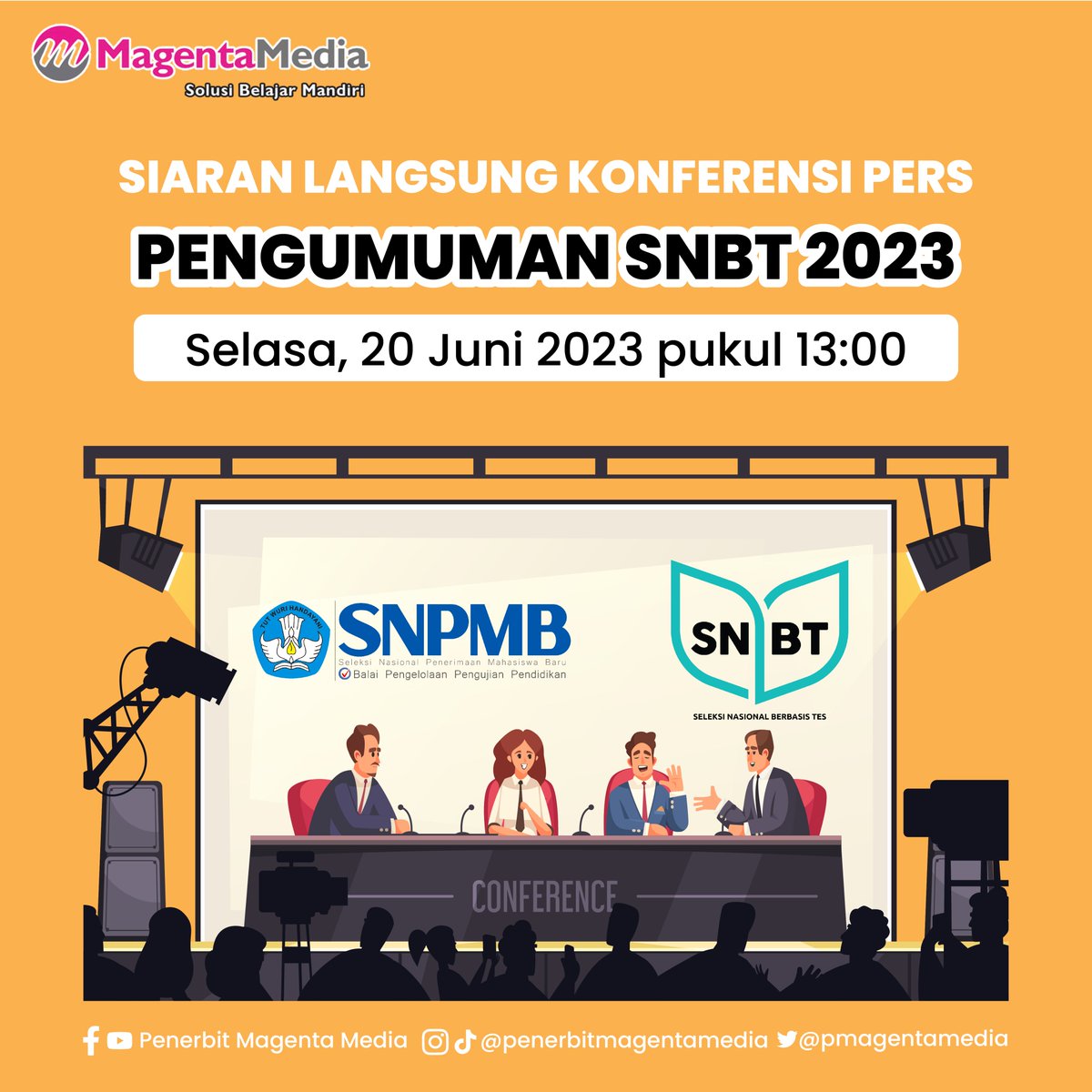 pmagentamedia's tweet photo. Akhirnya setelah sekian lama penantian, pengumuman kelulusan UTBK-SNBT 2023 akan diumumkan jam 15:00 WIB nanti. Tapi jangan lewatkan juga pengumuman yang akan diberikan melalui konferensi pers ya . . .

#pengumuman #utbk #snbt2023 #penerbitmagentamedia #snpmbbppp #konferensipers https://t.co/muFWYTStVP