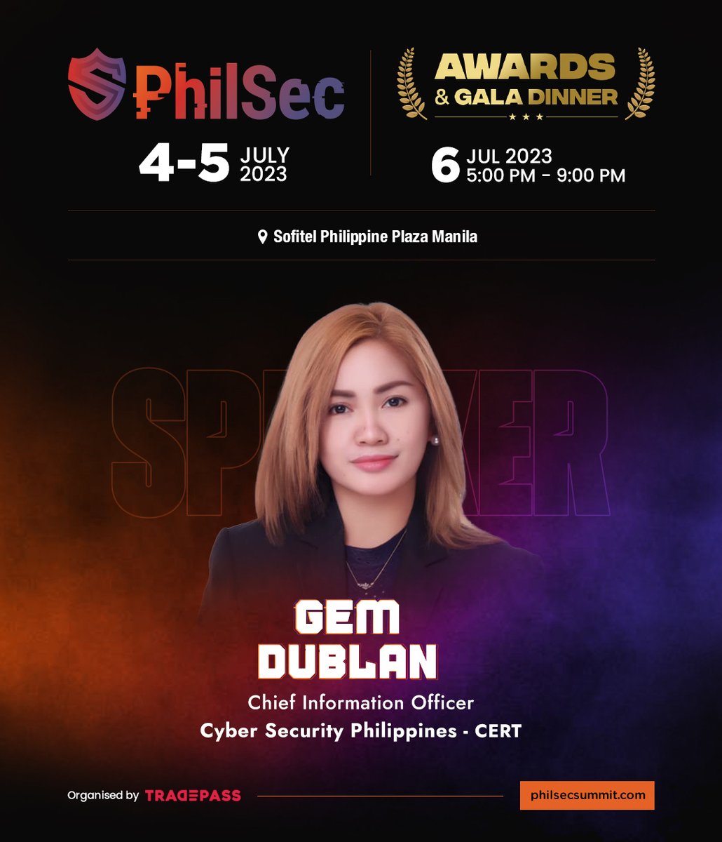 Gem Dublan (CIO, Cyber Security Philippines - CERT) joins PhilSec 2023!

Register now at: hubs.la/Q01V0vMQ0

#PhilSec2023 #PhilSec #philippines #manila #sofitel #cybersecuritysolutions #cybersecurity #cyberdefence #networksecurity #zerotrustsecurity #tradepass