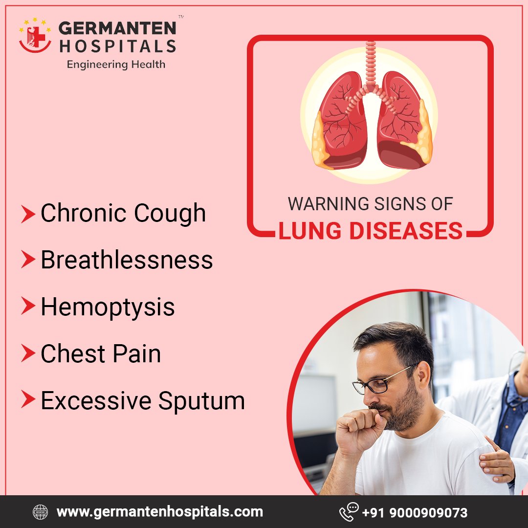 Lung diseases: Don't ignore these 5 warning signs: cough, breathlessness, hemoptysis, chest pain, sputum. 
Consult us today.
.
.
#GermantenHospitals #HyderabadHospital #LungDiseaseWarning #ListenToYourBody #SmokeAlarms #BreatheEasier #PrioritizeHealth'