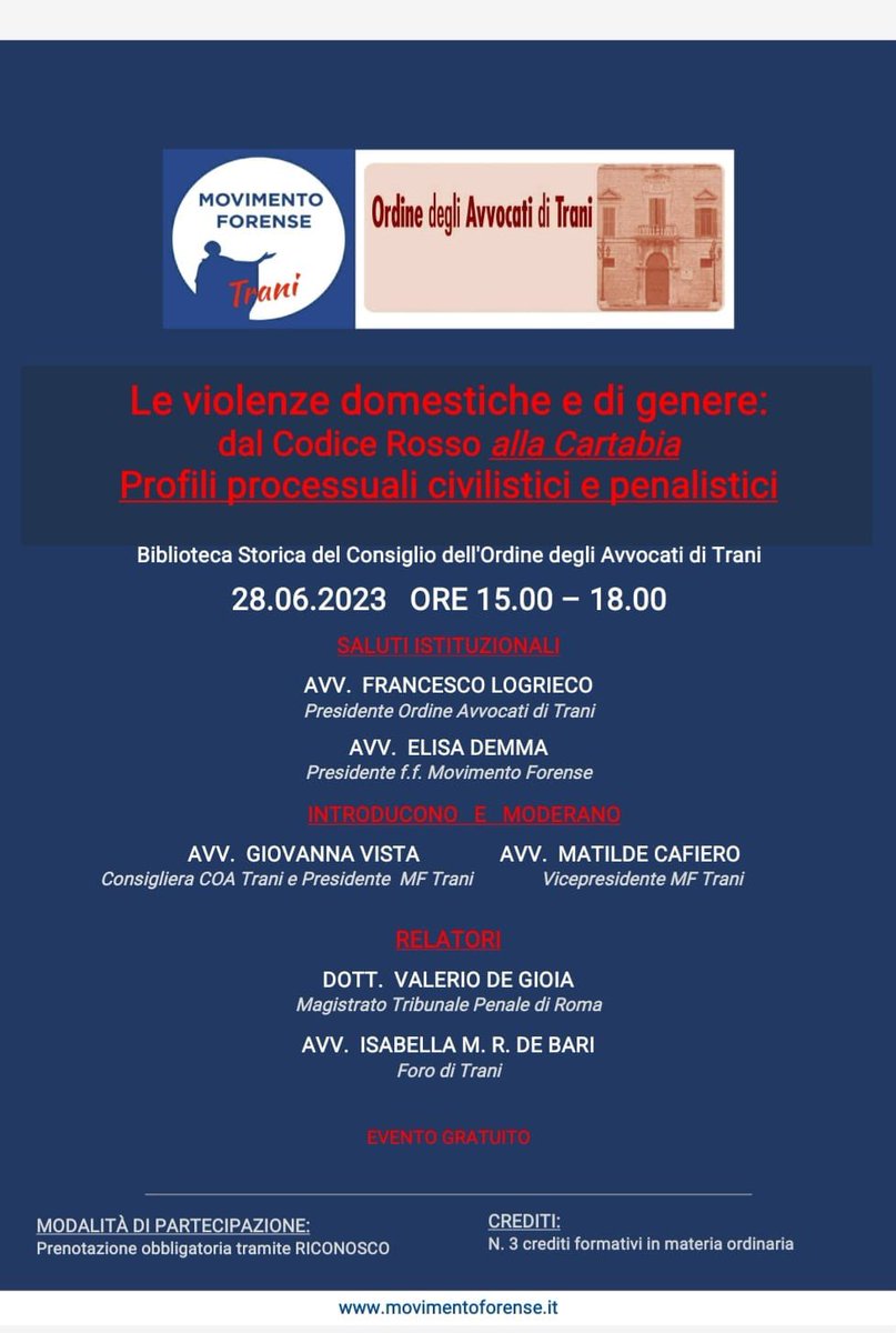 Movimento Forense #webinar #Trani  il 28 giugno ore 15:00-18:00 “LE VIOLENZE DOMESTICHE E DI GENERE: DAL CODICE ROSSO ALLA CARTABIA. PROFILI PROCESSUALI CIVILISTICI E PENALISTICI” <a href="/alalumia/">Nino La Lumia</a> <a href="/MCesali/">Massimiliano Cesali</a> <a href="/radiotribunale/">RadioTribunale</a>