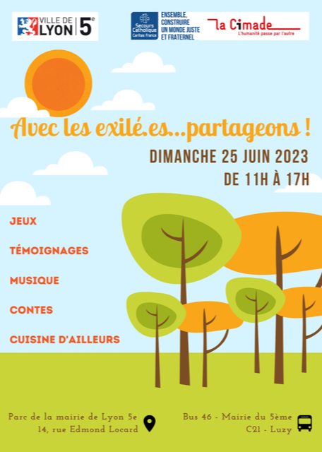 🍀Dimanche 25 juin, rejoignons-nous pour la journée "Exilé-es , partageons" 

Animations, témoignages... etc,  au programme. Une journée organisée par @caritasfrance et La Cimade Lyon.

-11h à 17h
-Parc de la mairie de Lyon 5 (14 rue Edmond Locard).