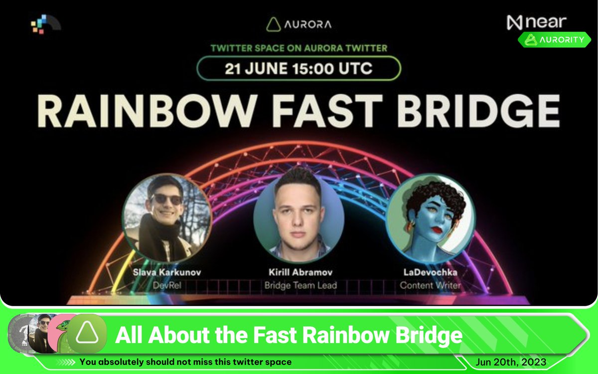 Aurority_com's tweet photo. 🎙You should not pass on this Twitter opportunity!
🌈Take a deep dive into the Fast #rainbow #bridge with @septengineering, @apocnab & @LaDevochka
️🎯Explore its inner workings & ambitious future plans to propel it to new heights
🔗https://t.co/0E6vtJ70qn
#Aurority #Aurora $AURORA #GameFi #web3community #Web3