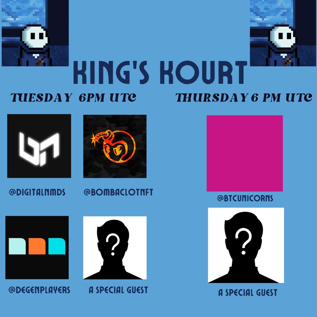 I made this graphic for this week’s Twitter Spaces✨

Tuesday 6PM UTC
<a href="/DigitalNmds/">Digital Nomads</a>
@bombaclotnft
<a href="/degenplayers/">degenplayers 🎰</a>
A Special Guest 

Thursday 6PM UTC
@btcunicorns
A Special Guest

Set your Reminders below 👇