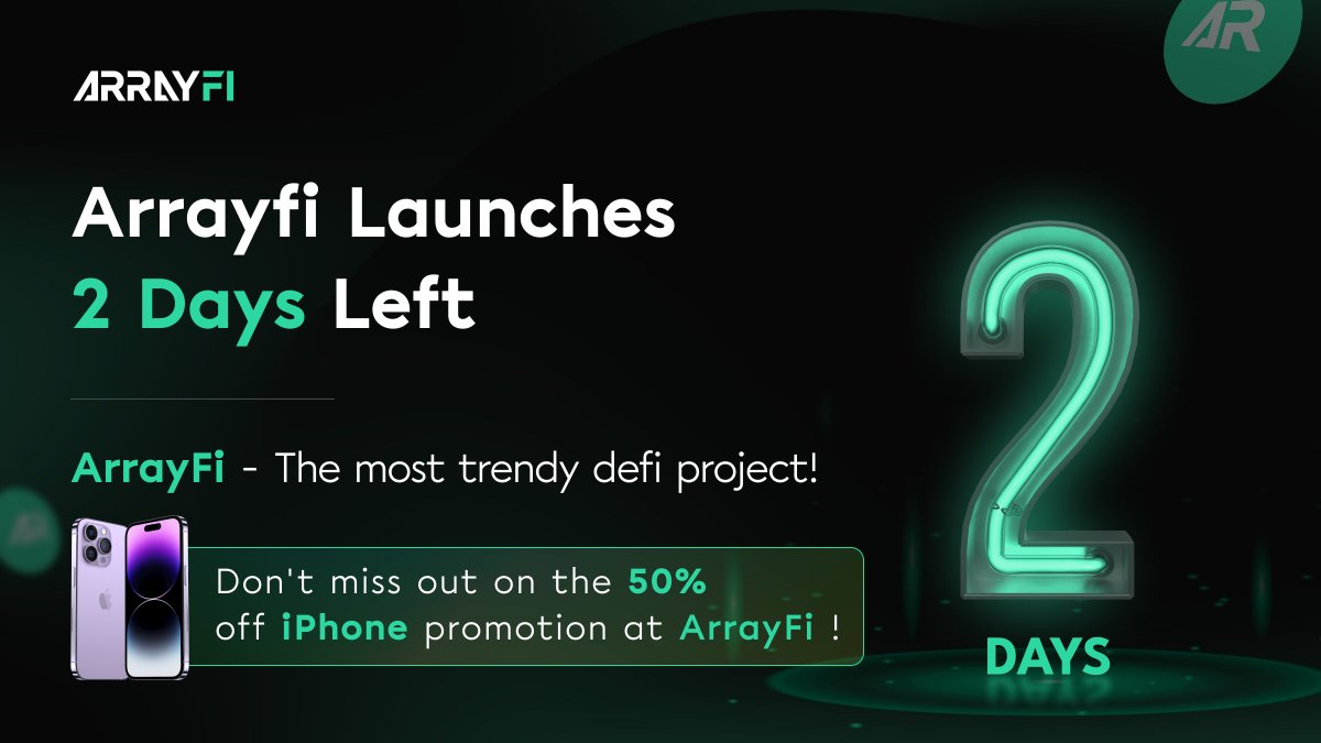 Exciting news! 

🚀🚀ArrayFi is ready to launch in 𝐣𝐮𝐬𝐭 2️⃣𝐝𝐚𝐲𝐬! 𝐒𝐢𝐠𝐧 𝐮𝐩 & 𝐣𝐨𝐢𝐧 𝐡𝐞𝐫𝐞: arrayfi.tech

Get ready to experience the most trendy #DeFi project of the year. Don't miss out on our limited-time offer - a whopping 50% off on iPhones…