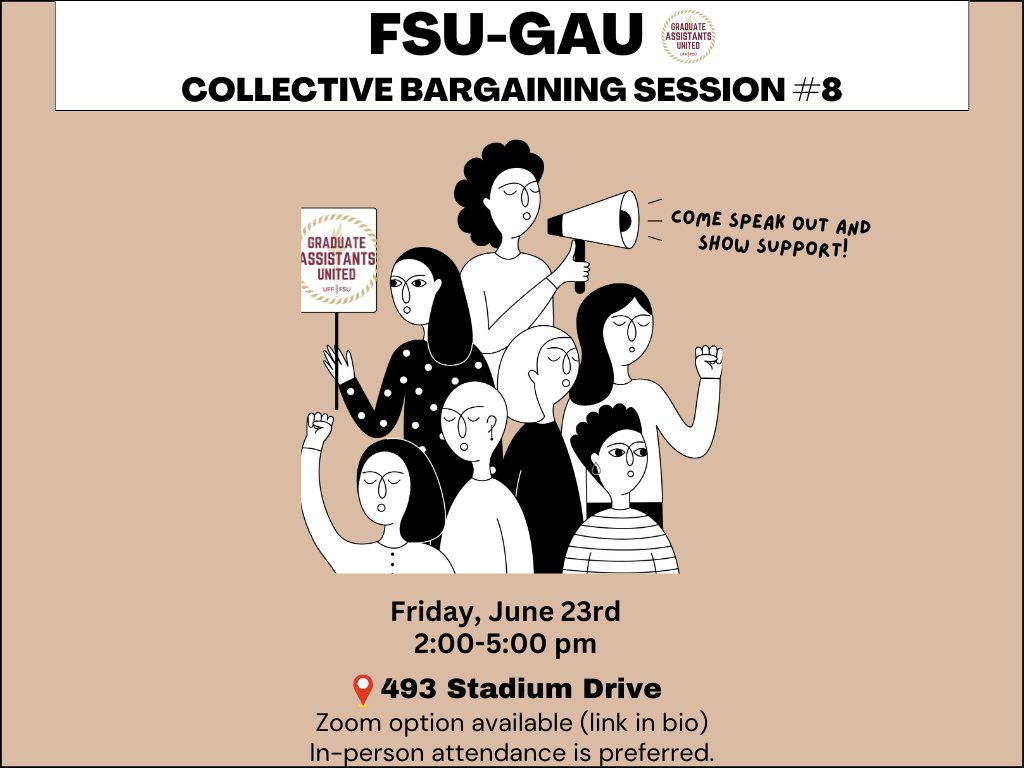 FSU_GAU's tweet photo. Join us and make your voice heard at our upcoming Friday, June 23rd bargaining session. We continue to advocate for important improvements, and your presence and support matter greatly.
See the key updates from our 6th &amp; 7th bargaining sessions on the second slide. #FSU #gau https://t.co/qxahmBVtNI
