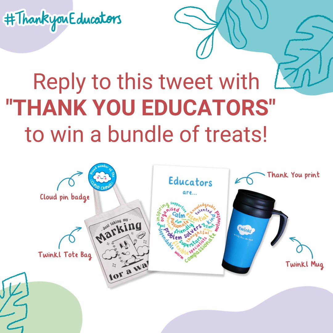 Exciting news! Boss has given Admin a 'Thank You' bundle to give away TODAY! 

Reply with “THANK YOU EDUCATORS” before 1pm if you know an educator who deserves to win 🥰 

The bundles include a Twinkl mug, tote bag, badge and print 🎁