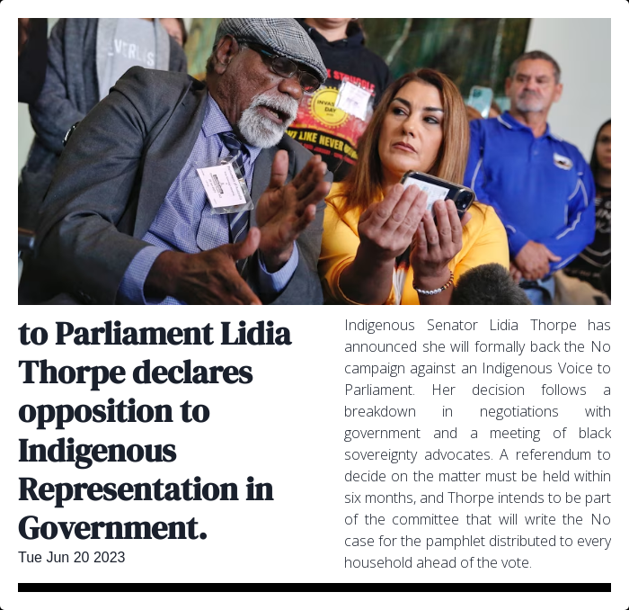 I fully support the No case for the Voice to Parliament – its a vital step towards Indigenous justice! Its time for the government to listen and act on this issue. #IndigenousJustice #VoiceToParliament #LidiaThorpe