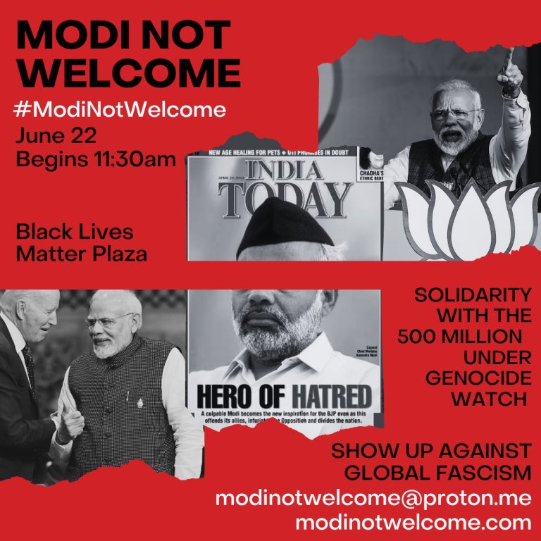 Usually we the South Indian people particularly Tamilians used to  trend ' Go Back Modi ' Hastag whenever Modi visits to Tamil Nadu.

Now US citizens also joined in our club and expressing their resistance like we usually do. Come on Guys ! 

#ModiNotWelcome