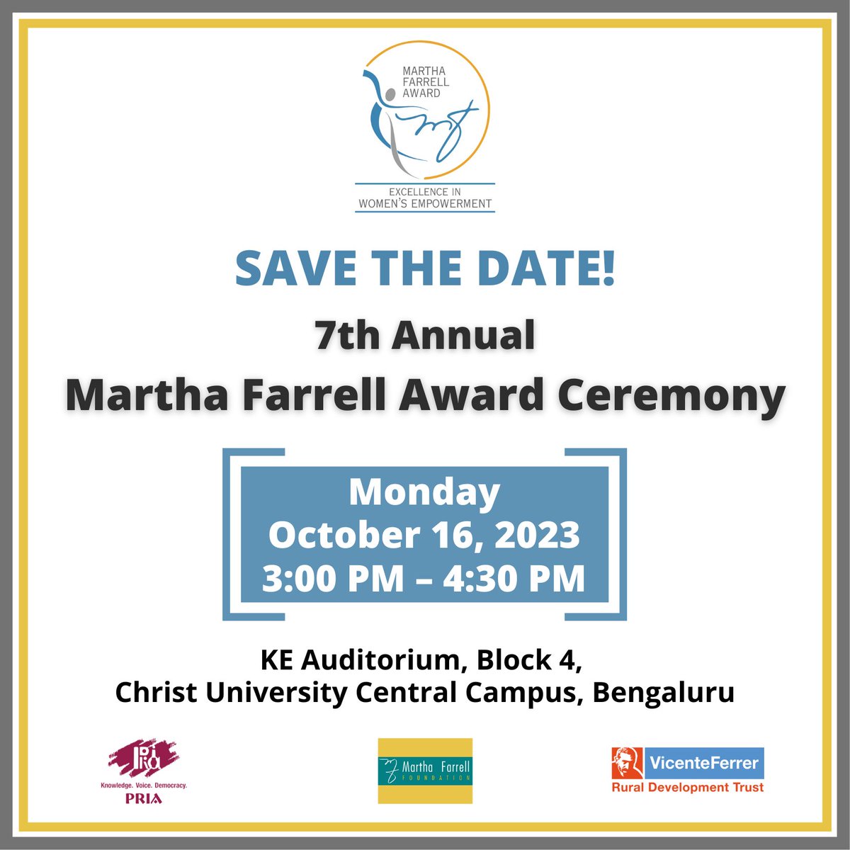 Martha Farrell Foundation (@foundationmf) on Twitter photo #SaveTheDate
We're super excited to announce that the date is set for the 7th #MarthaFarrellAward!
Join us on October 16, 2023 from 3:00 pm - 4:30 pm at KE Auditorium, Block 4, #ChristUniversity Central Campus, #Bengaluru.
Write to info@marthafarrellfoundation.org to RSVP! #SaveTheDate
We're super excited to announce that the date is set for the 7th #MarthaFarrellAward!
Join us on October 16, 2023 from 3:00 pm - 4:30 pm at KE Auditorium, Block 4, #ChristUniversity Central Campus, #Bengaluru.
Write to info@marthafarrellfoundation.org to RSVP!