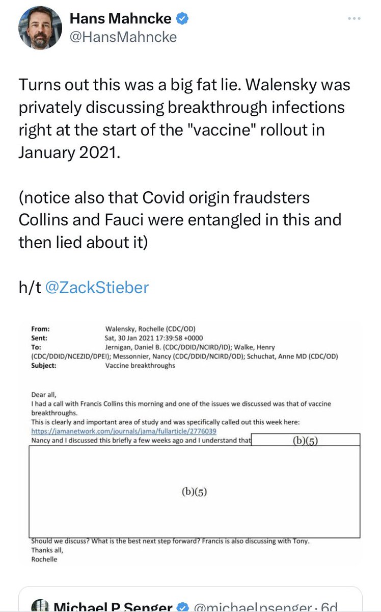 Bu e-mail yazışması CDC direktörü Walensky ve NIAID direktörü Tony Fauci’ nin Ocak 2020 itibari ile Biontech mRNA çakma aşısının hiç bir işe yaramadığını (enfeksiyonu ve bulaşı engellemediğini)  bildiklerini ve sahtekarlık yapıp yalan söylediklerini gösteriyor.

ÇEMBER DARALIYOR!