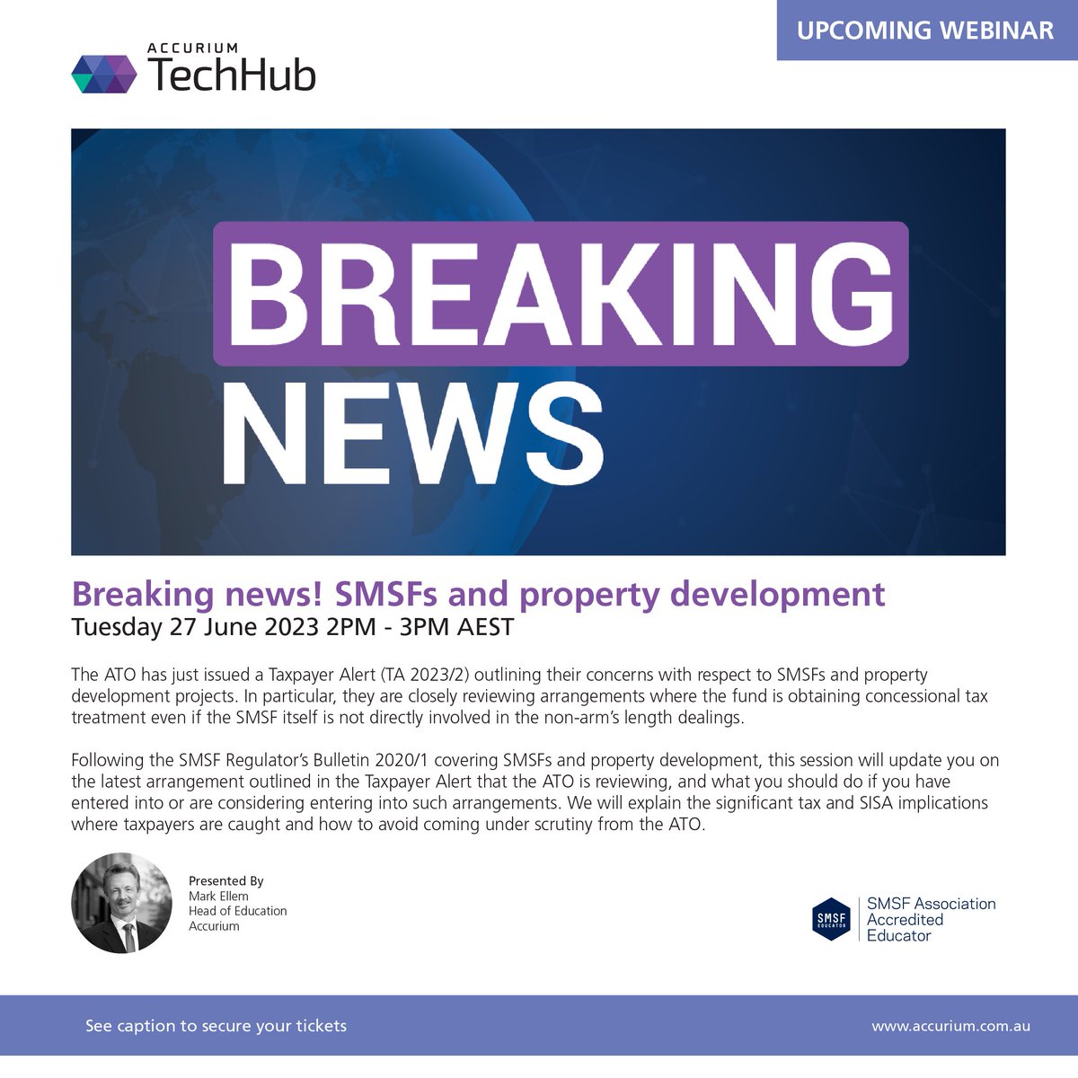 Join Mark Ellem to find out how the new Taxpayer Alert impacts your clients. Click the link below to register. 

accurium.com.au/cpd-plus/break…