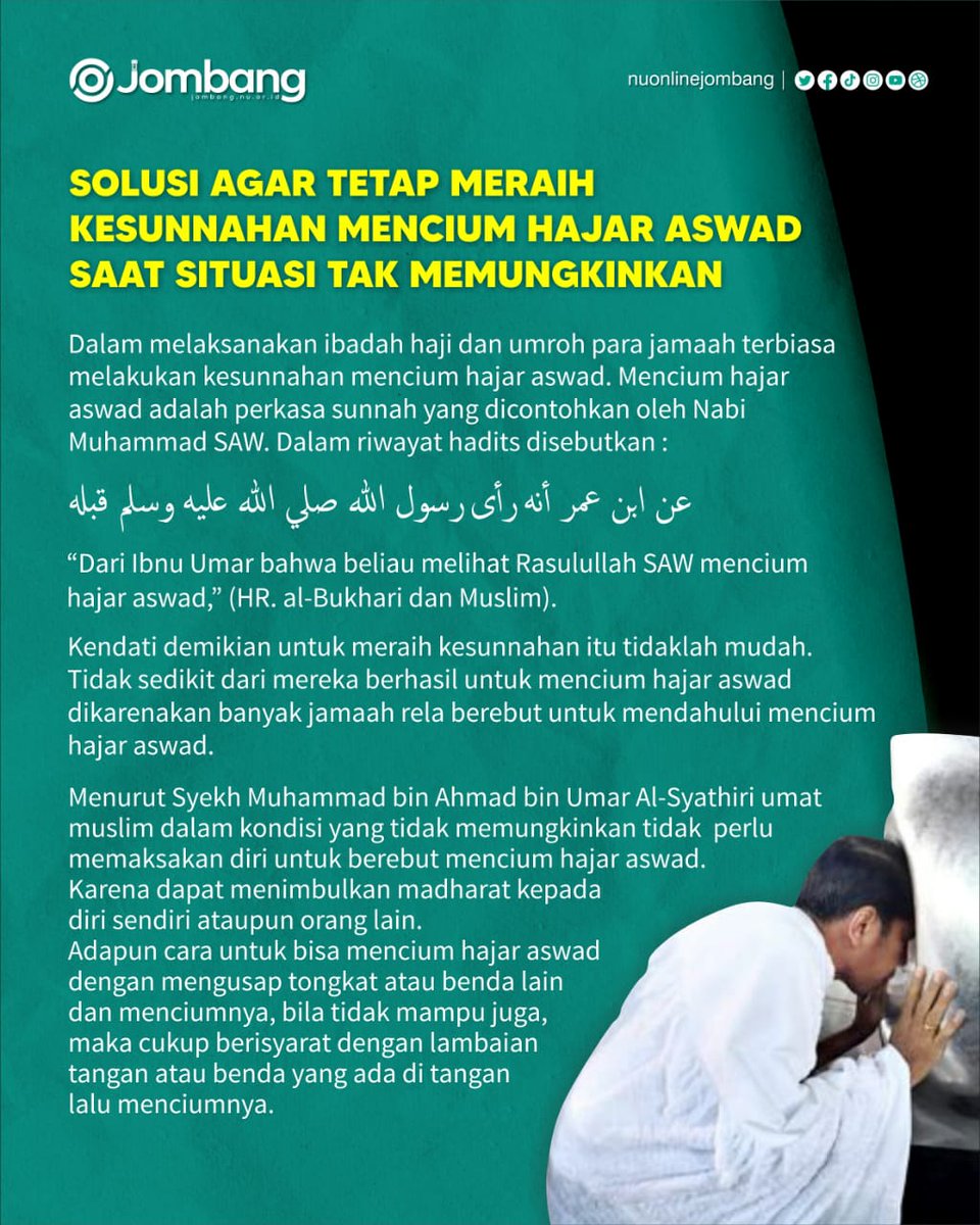 KEISLAMAN NU. 

📚 Solusi agar Tetap Meraih Kesunnahan Mencium Hajar Aswad saat Situasi Tak Memungkinkan

#nuonlinejombang #nuonline #meraihbintang #meraihimpian #meraihberkah #solusi #solusikesehatan #solusisehat #kesunnahan #kesunnahanharijumat