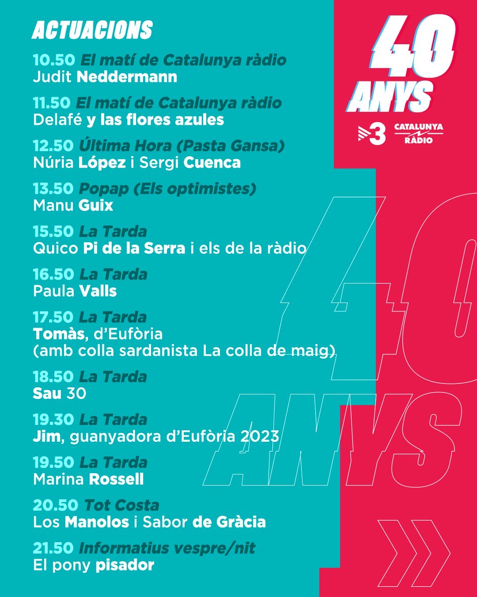 CatalunyaRadio's tweet photo. 🔴 Vens a Catalunya Ràdio i celebrem els 40? Som al carrer, amb programes i música en directe: apunta't a la festa, t'ho passaràs bé! #40CatRàdio 
https://t.co/QMr8pVUVye https://t.co/PIyPCQLRRZ