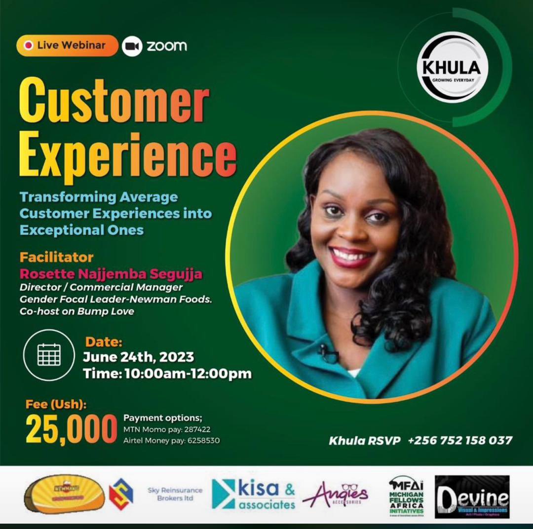Are you struggling with negative customer reviews? Join us on June 24th, 2023 from 10:00am to 12:00pm for a Khula online session featuring Rosette Najjemba Segujja,

#KhulaELearning #BusinessTransformation #GrowingEveryday